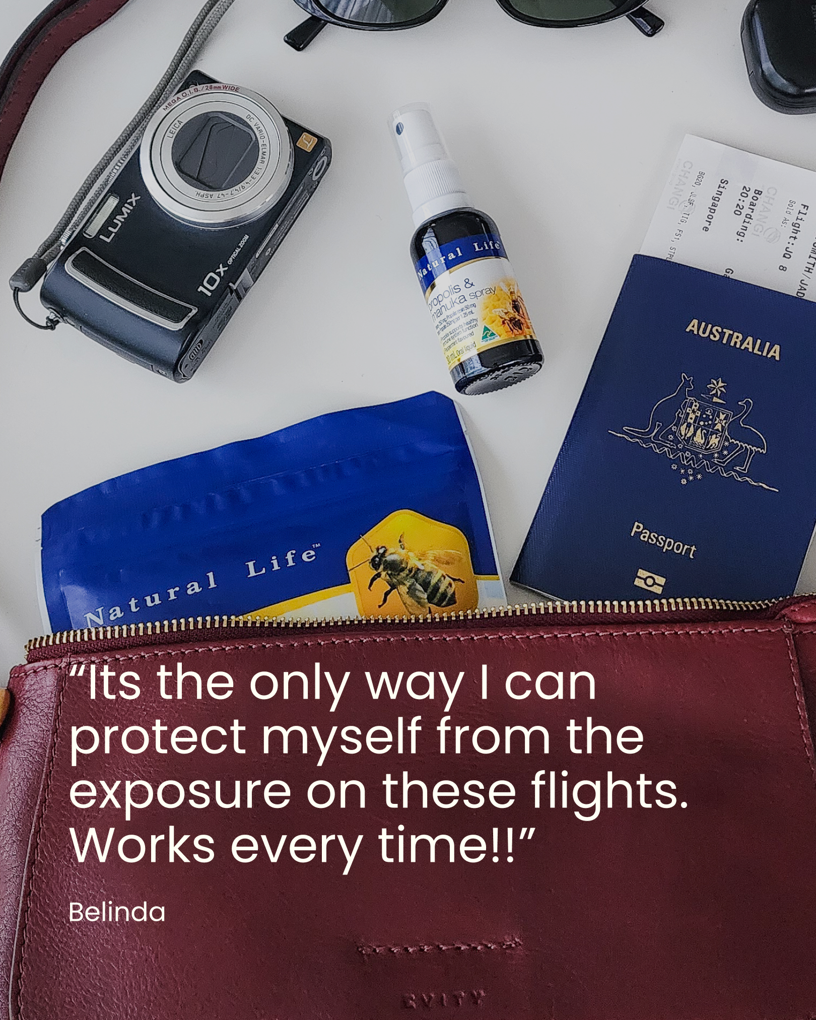 Customer Belinda’s photo of the spray with her passport: “It’s the only way I can protect myself from the exposure on these flights. Works every time!!”