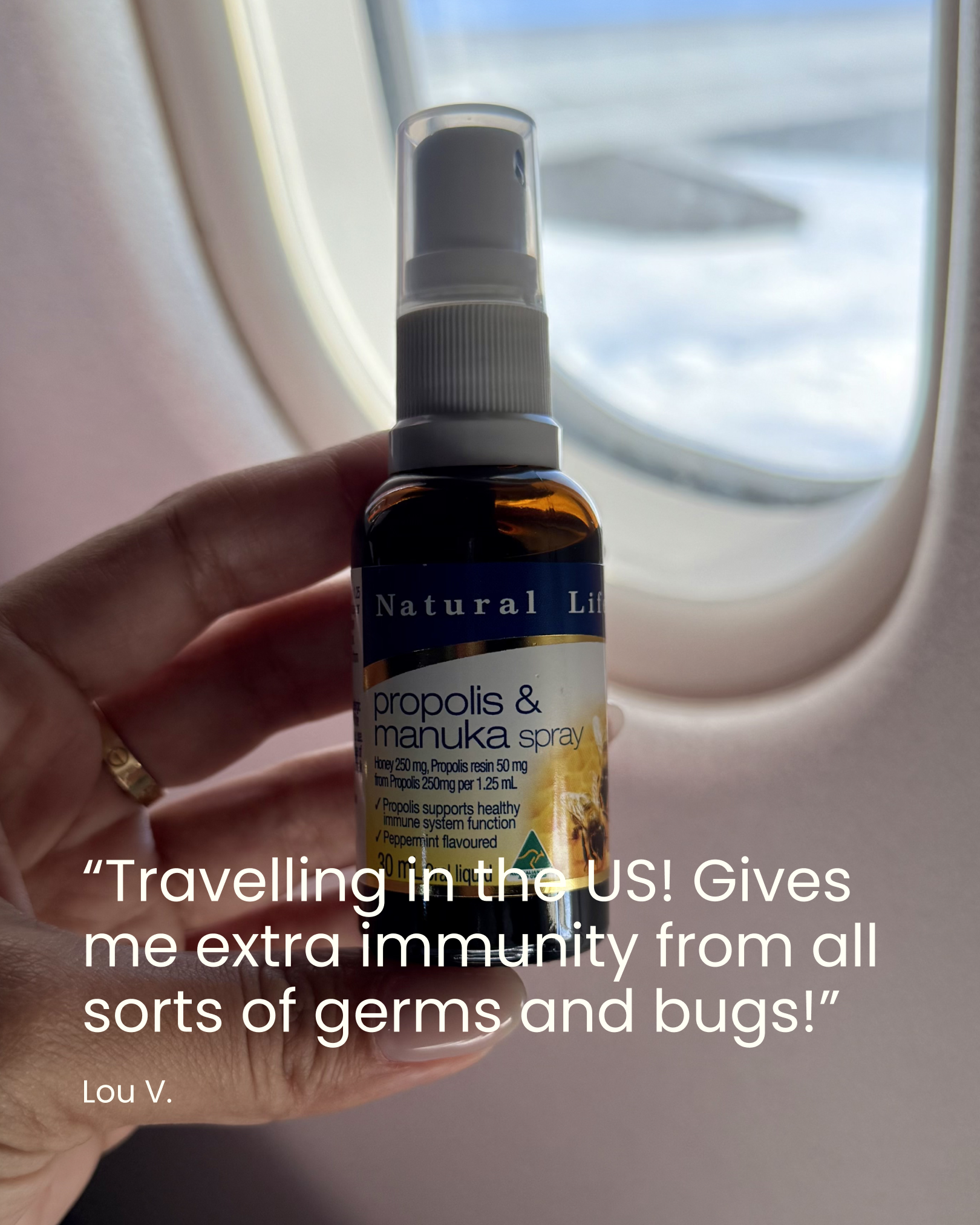Customer Lou V. holding the spray by a plane window: “Travelling in the US! Gives me extra immunity from all sorts of germs and bugs!”