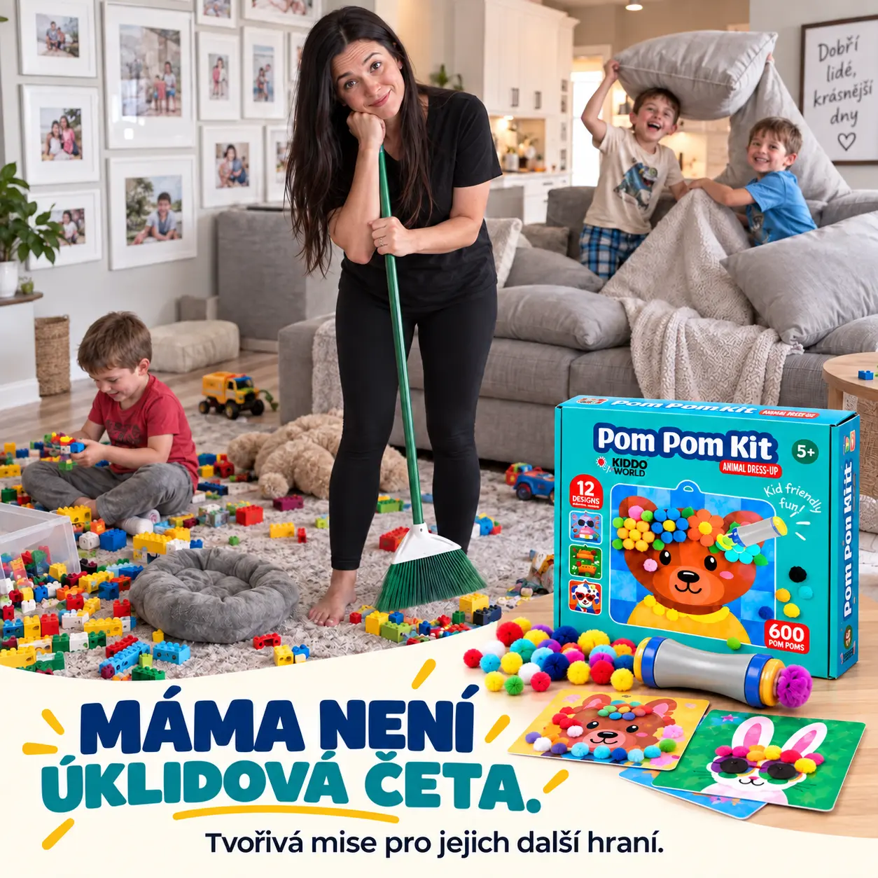 Maminka s metlou v pokoji plném hraček a Pom Pom sada