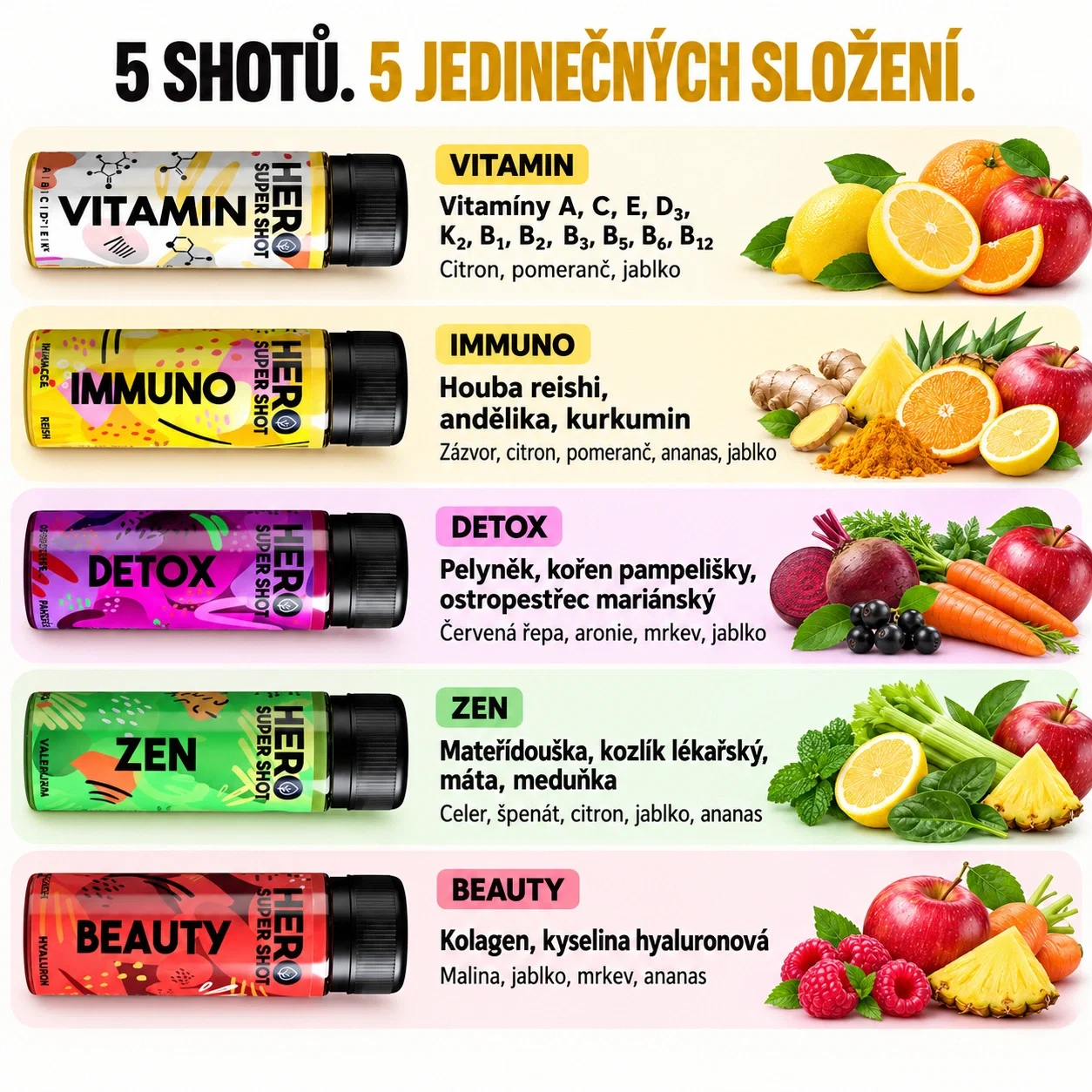 5 shotů, 5 jedinečných složení – HERO SuperShot VITAMIN, IMMUNO, DETOX, ZEN a BEAUTY s klíčovými složkami a ovocem