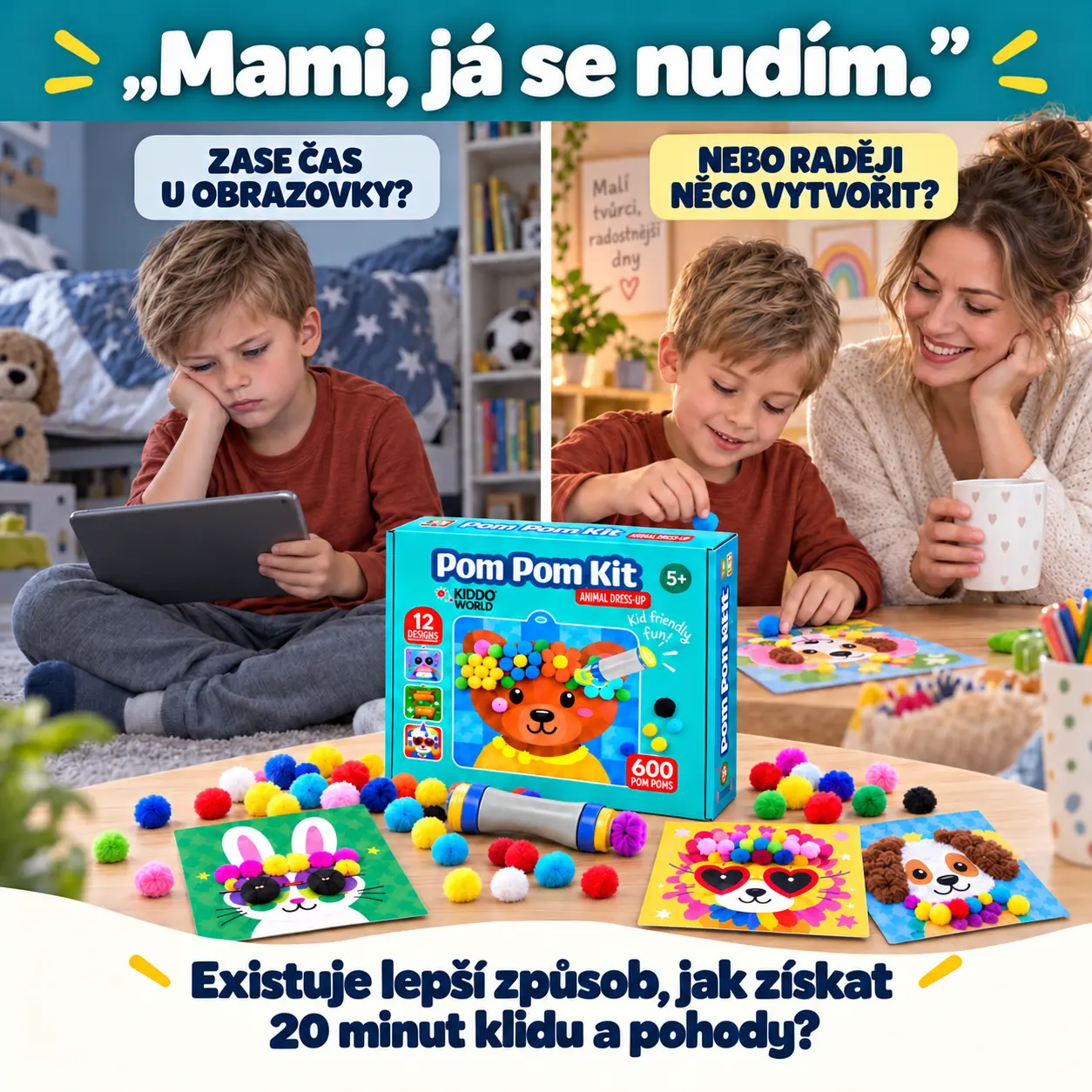 Dítě u tabletu versus dítě tvořící s Pom Pom sadou