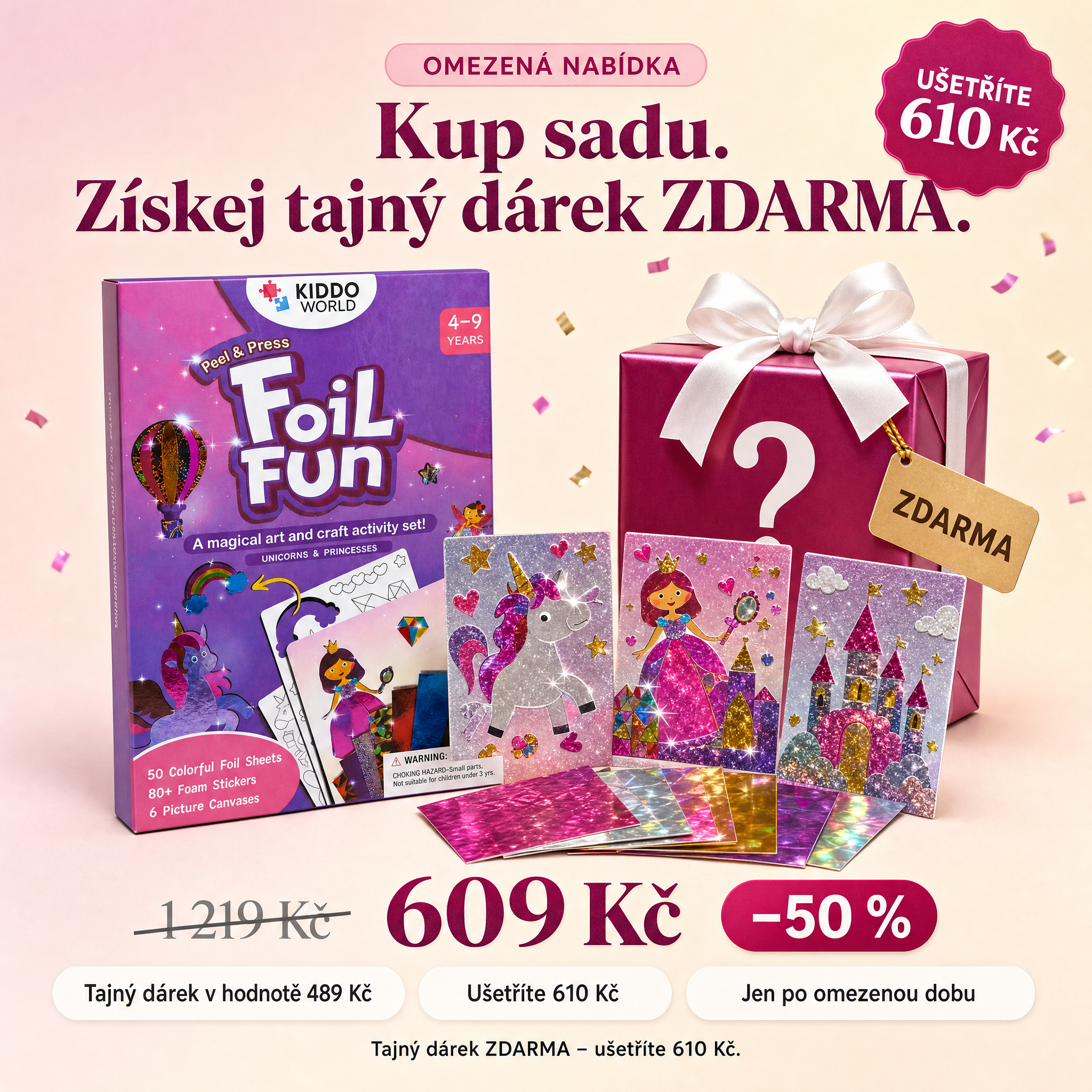 Sada Foil Fun Princezny a jednorožci a zlatá krabička s tajným dárkem s purpurovou mašlí