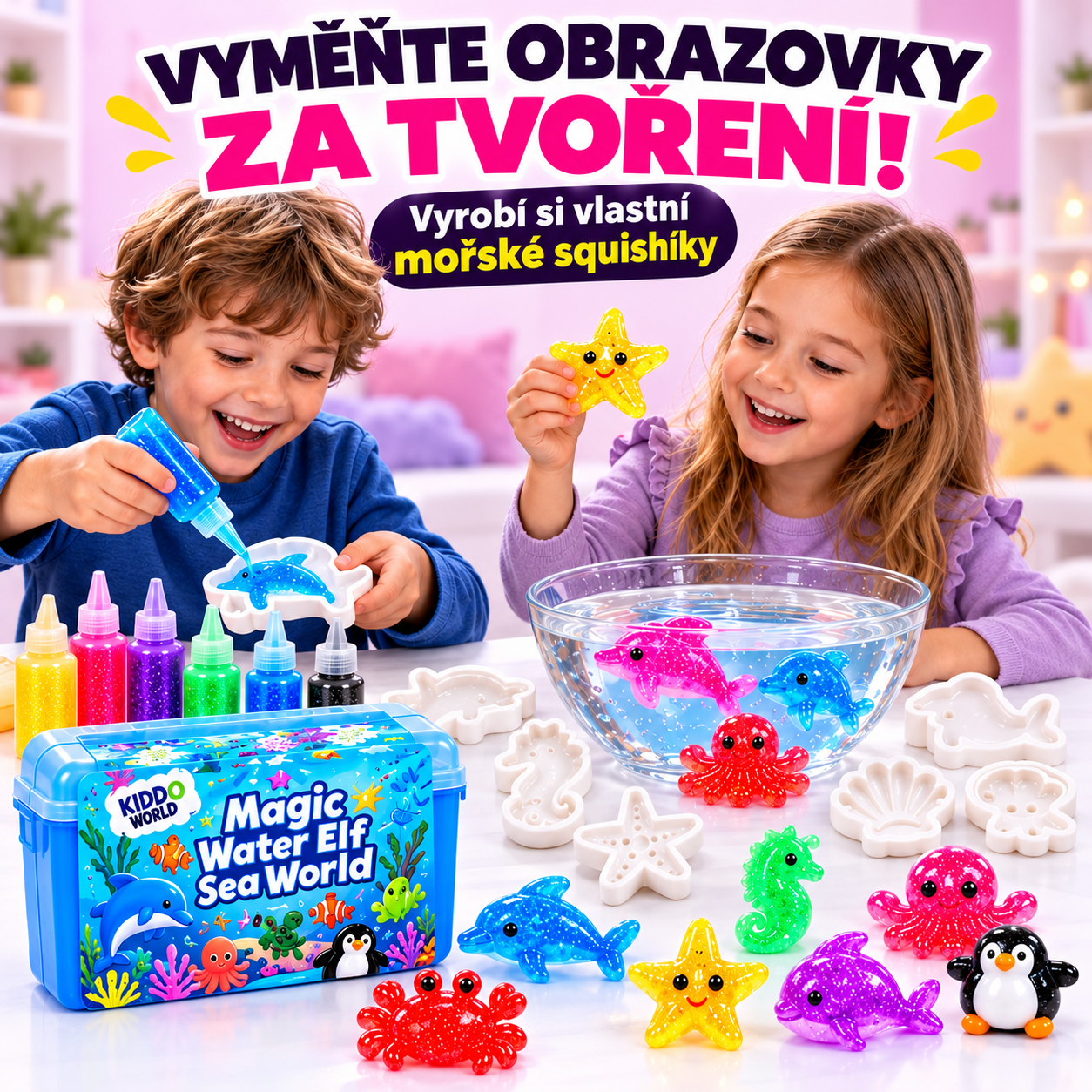 Vyměňte obrazovky za tvoření – sourozenci si vyrábějí vlastní třpytivé mořské squishies ze sady Magic Water Elf Sea World
