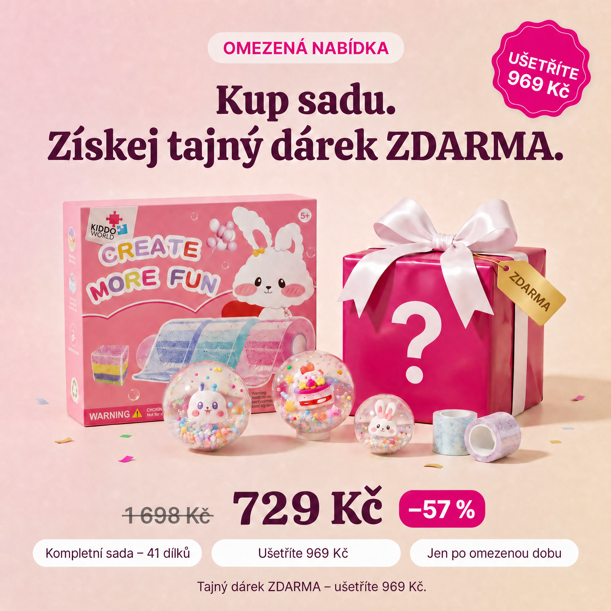 Sada Bubble Squishies a zlatá krabička s tajným dárkem s purpurovou mašlí