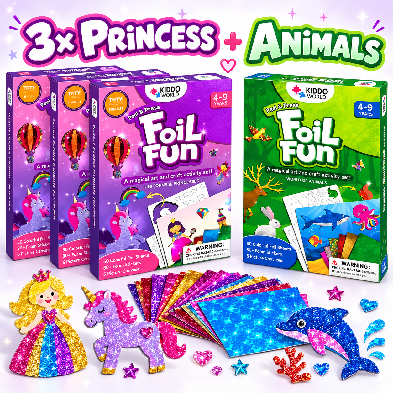 Tri sady FOIL FUN Princess a k nim sada FOIL FUN Animals so zelenou mašľou