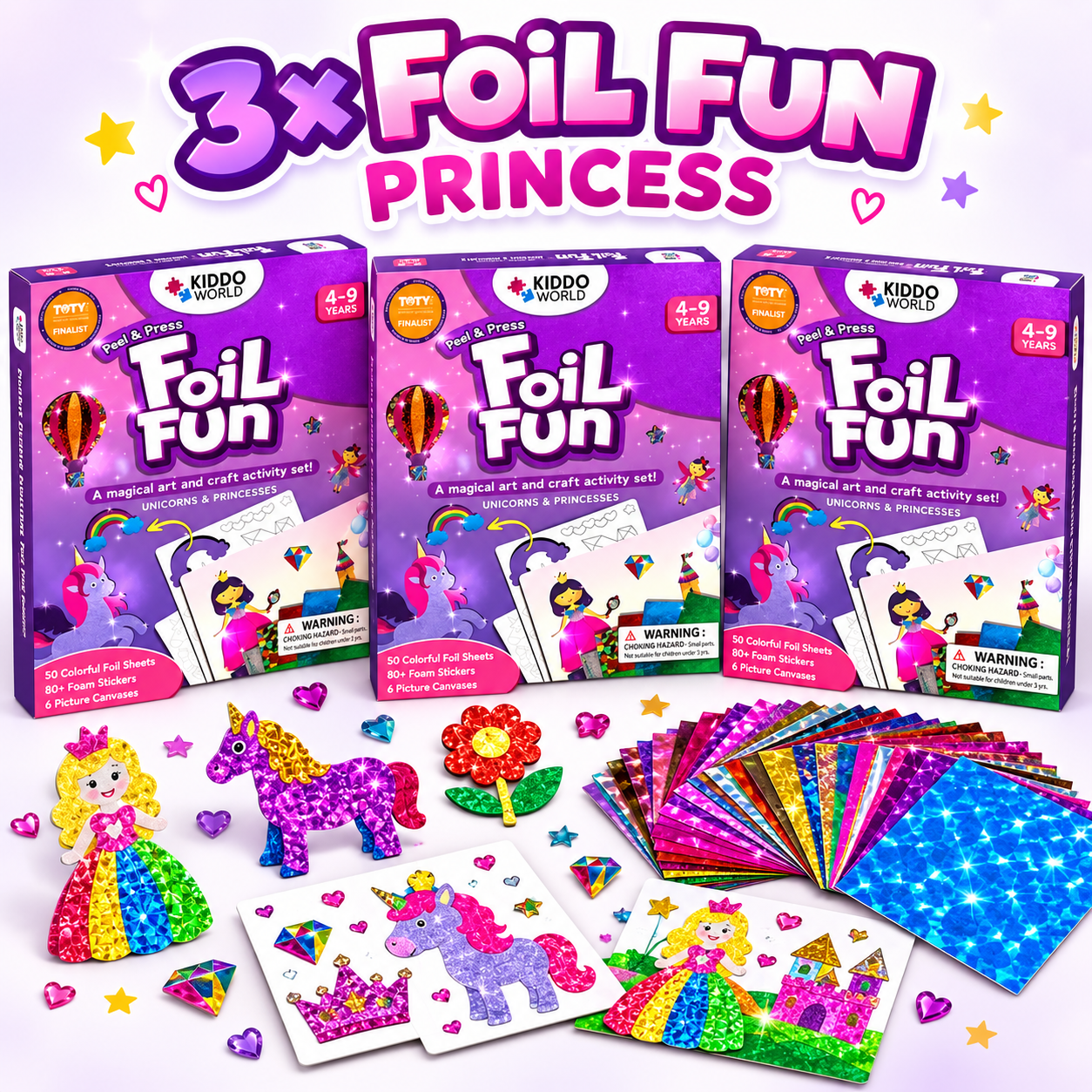 Tri sady FOIL FUN Princess previazané magentovou stuhou ako darček