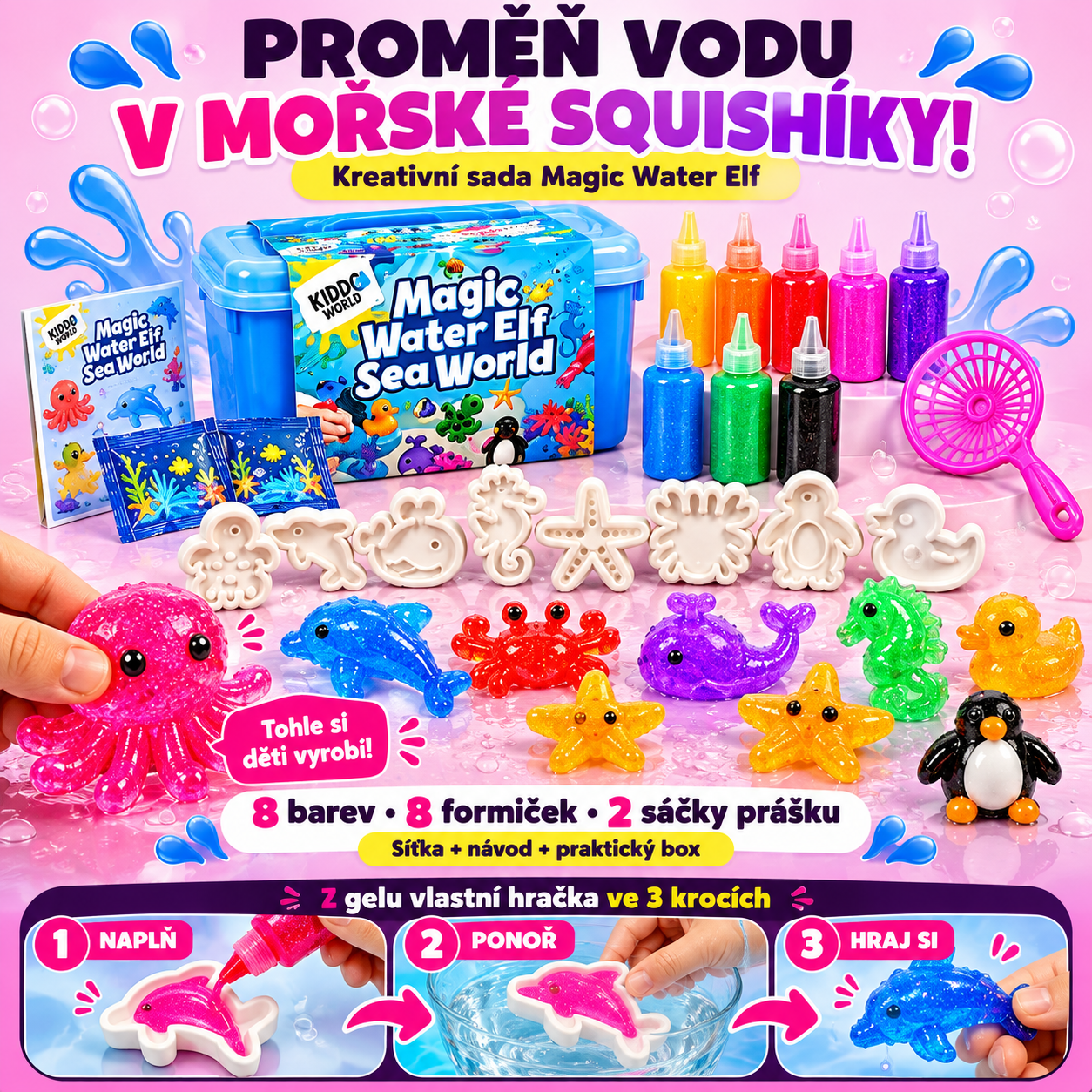 Kreativní sada Magic Water Elf Mořský svět – 8 barev gelů, 8 formiček, magický prášek, síťka a box; hotové třpytivé squishies a postup ve 3 krocích