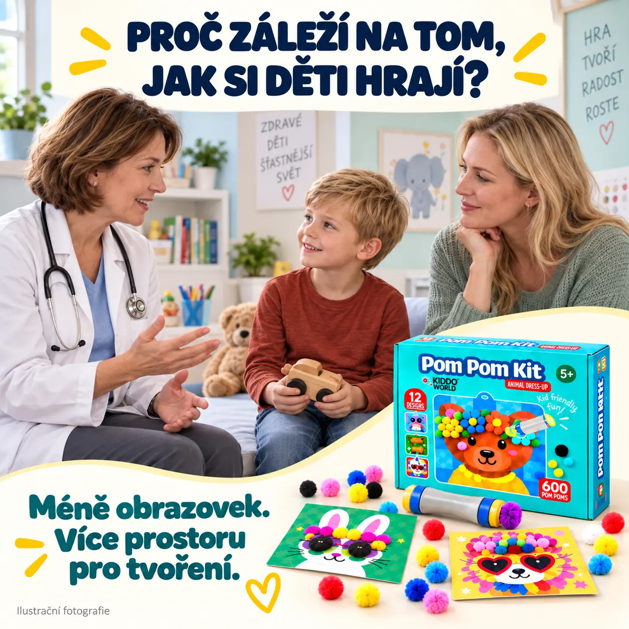 Pediatrička hovoří s maminkou a dítětem, na stole Pom Pom sada