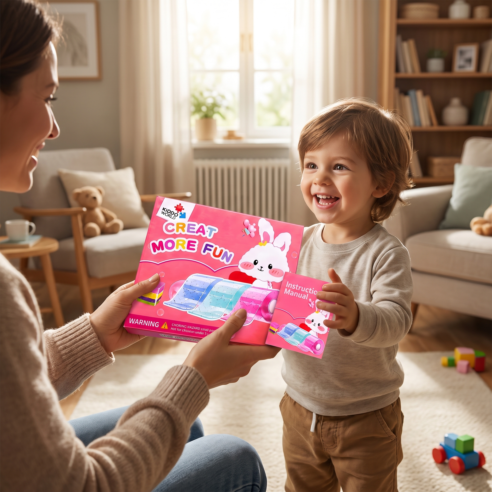 Maminka s dcerou tvoří u kuchyňského stolu squishies z nano pásky