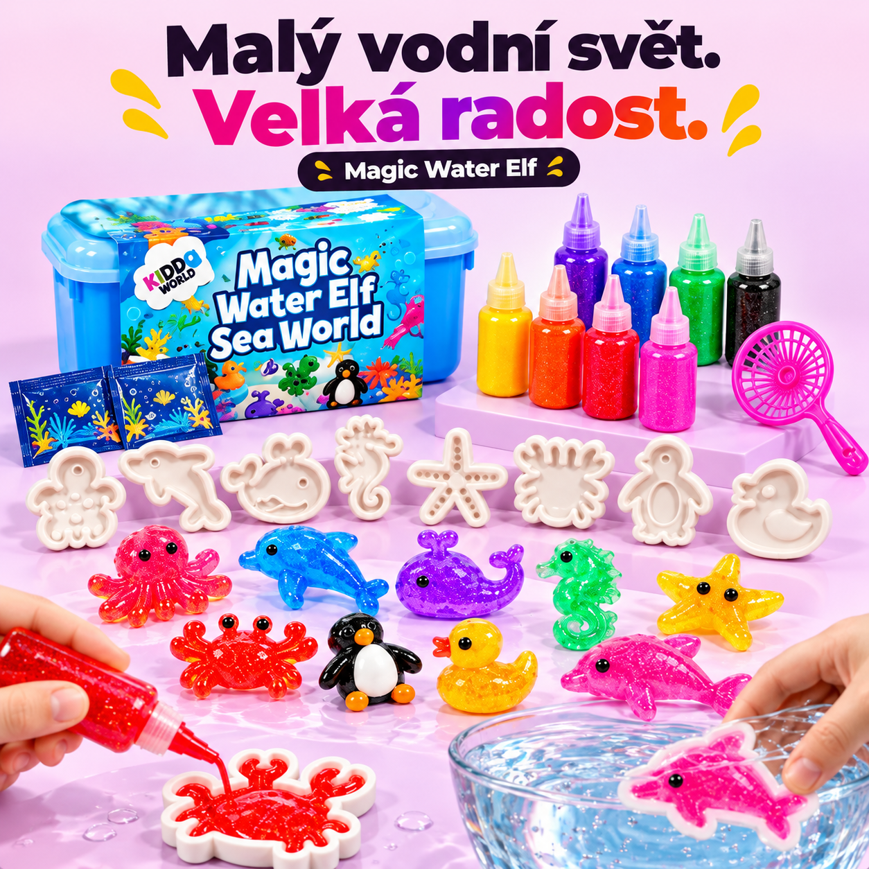Malý vodní svět, velká radost – sada Magic Water Elf s 8 barvami gelů, formičkami mořských zvířátek, síťkou a hotovými třpytivými squishies