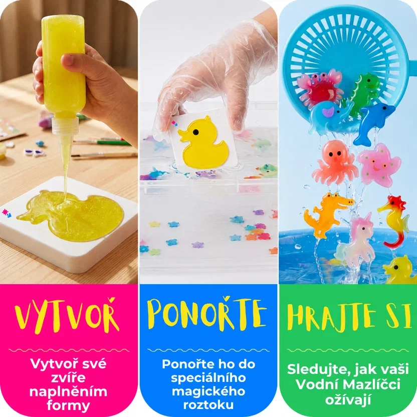 Magic Water Squishies ve 3 krocích: naplňte formičku gelem, ponořte ji do magického roztoku a vylovte síťkou hotového squishíka