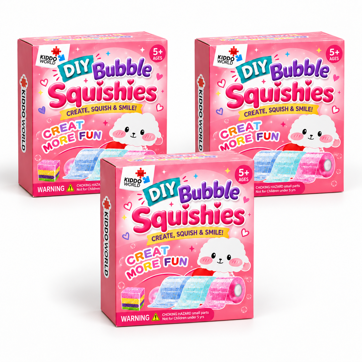Tři sady Bubble Squishies svázané růžovou stuhou jako dárek