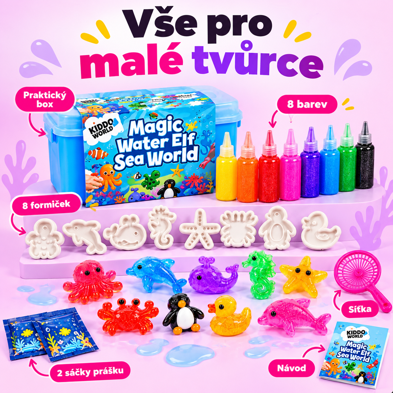 Vše pro malé tvůrce – praktický box, 8 barev gelů, 8 formiček, 2 sáčky prášku, síťka, návod a hotové třpytivé mořské squishies