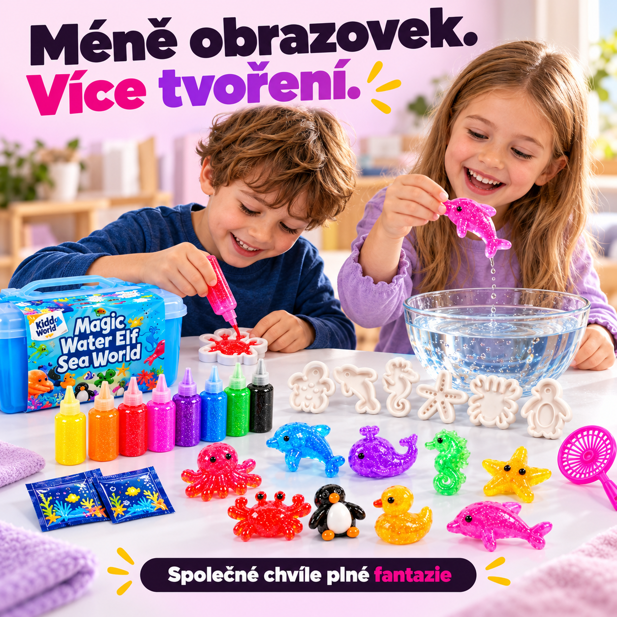 Méně obrazovek, více tvoření – sourozenci společně vyrábějí třpytivé mořské squishies ze sady Magic Water Elf Sea World