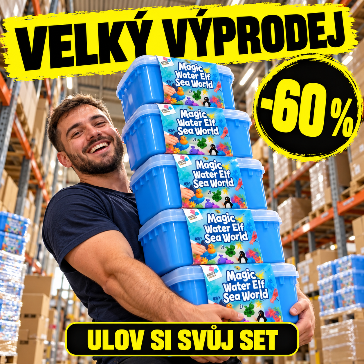 Velký výprodej -60 % – usměvavý muž ve skladu nese pět krabic sady Magic Water Elf Sea World, ulov si svůj set