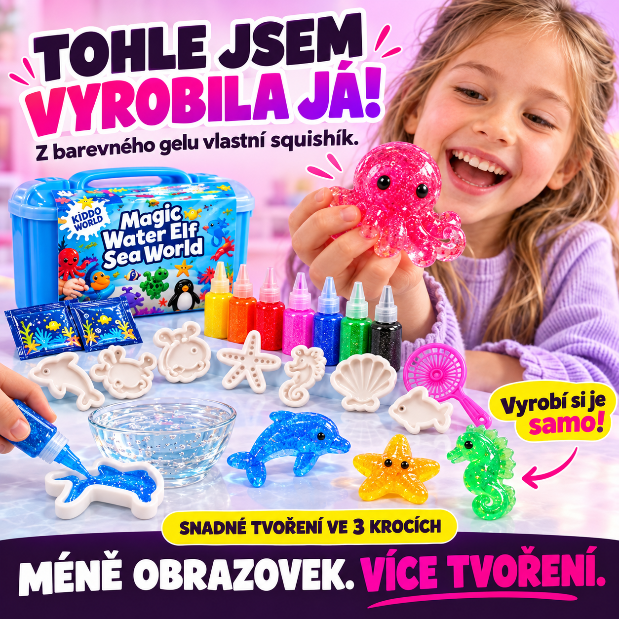 Tohle jsem vyrobila já! Nadšená holčička drží třpytivou růžovou chobotnici, kterou si sama vyrobila ze sady Magic Water Elf Sea World