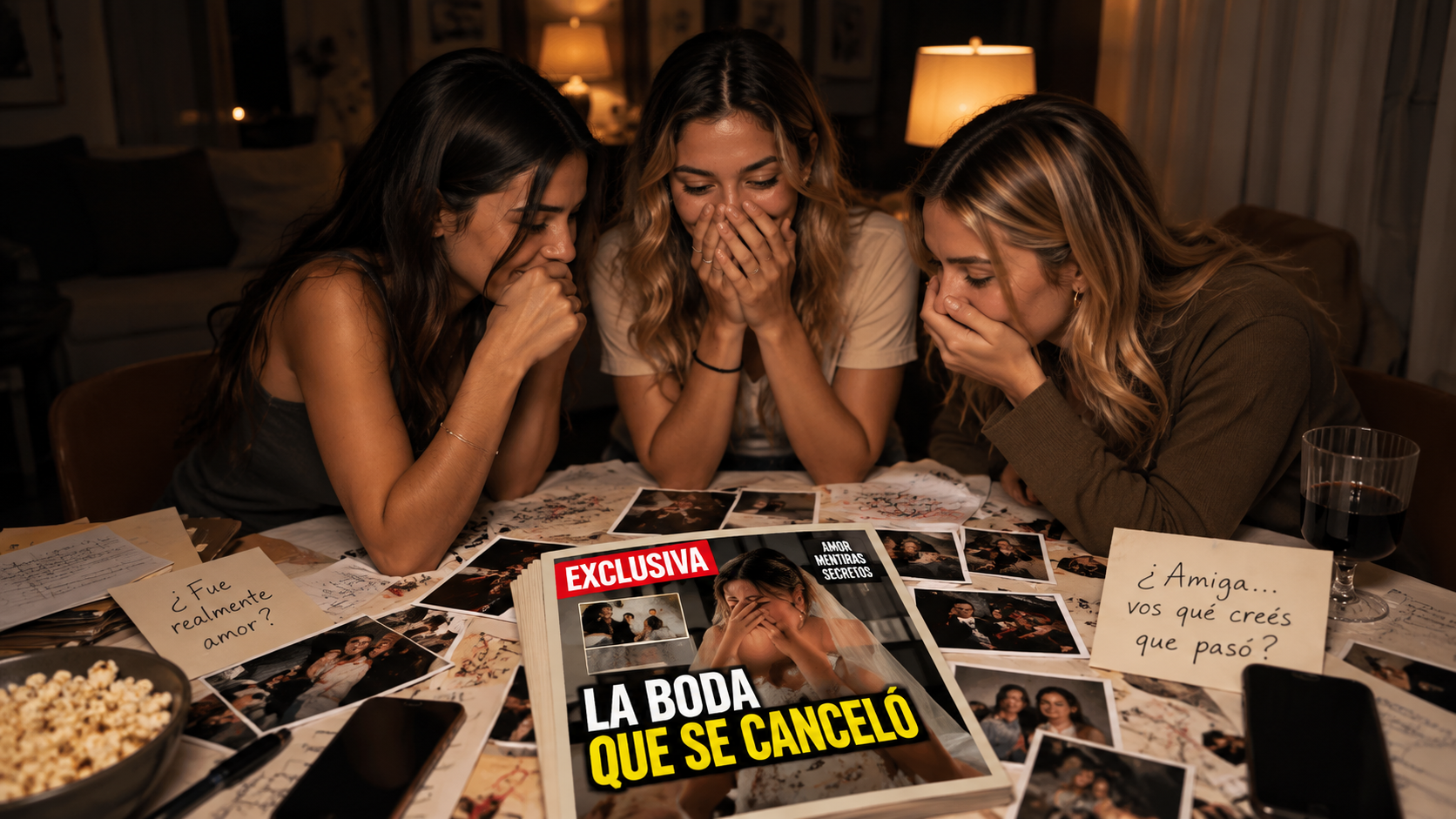 Tres amigas tapándose la boca mientras leen la revista y las fotos del caso sobre la mesa