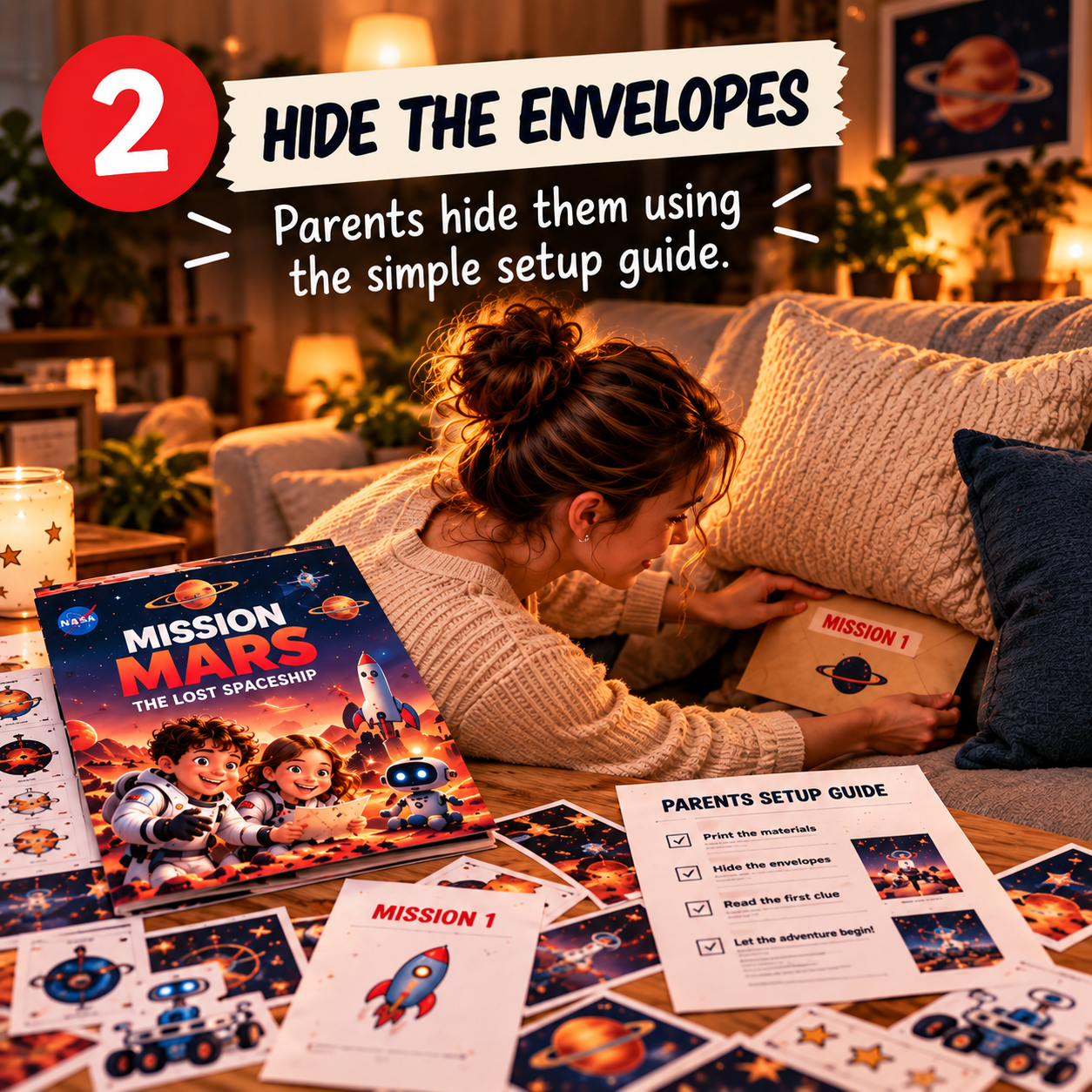 Step 1, print it: two kids next to the printer with the printed Mission Mars kit