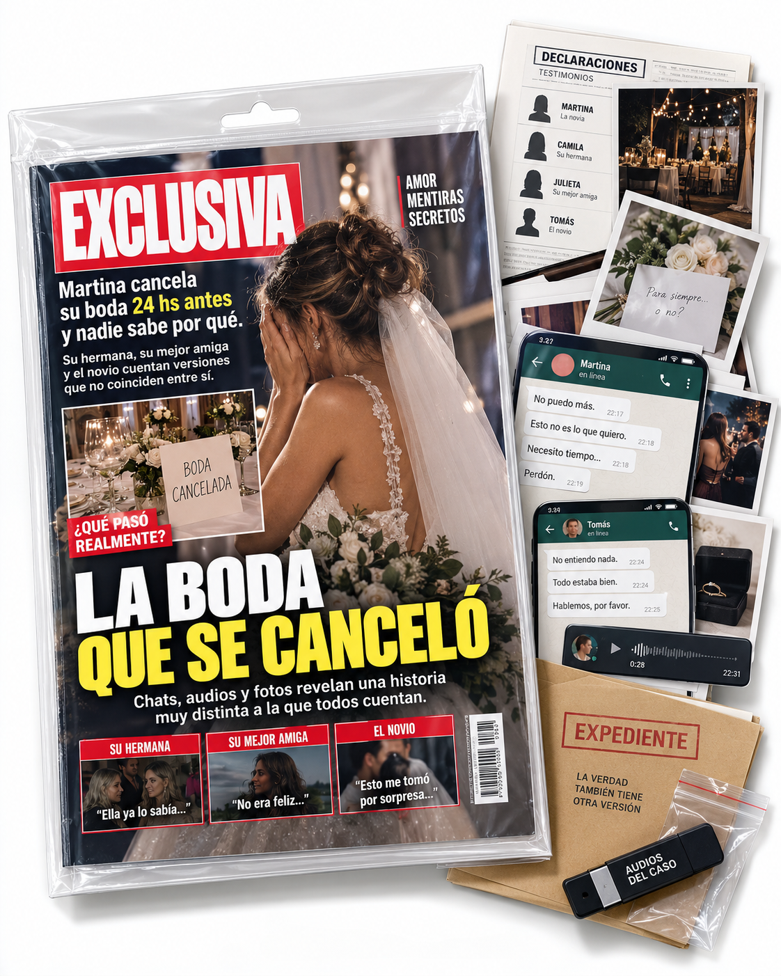 Kit del caso La boda que se canceló: revista exclusiva, declaraciones, fotos, chats impresos, expediente y pendrive con los audios