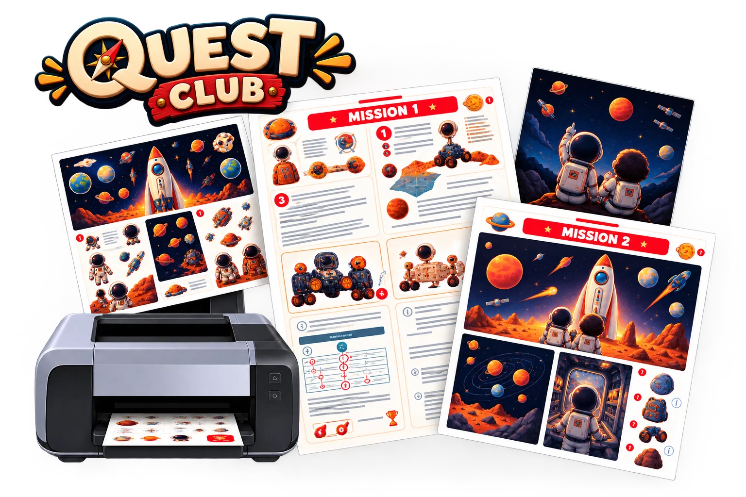 Printer and printed Mission Mars sheets on a dark background