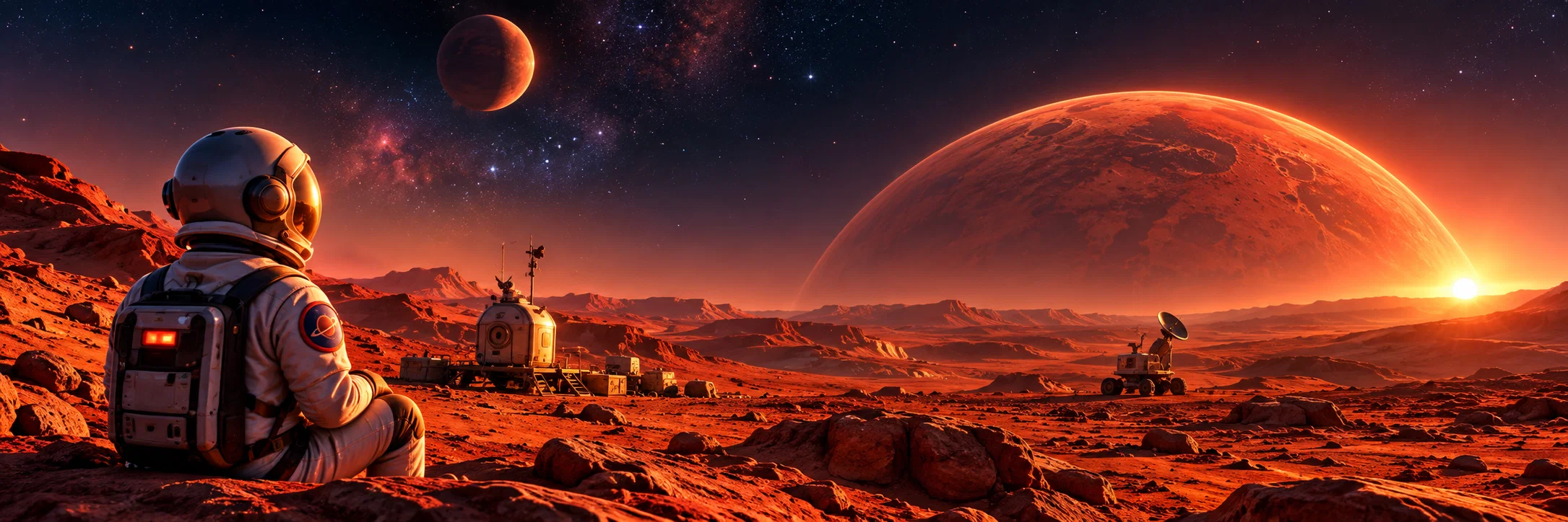 Astronauta mirando el horizonte de Marte al atardecer