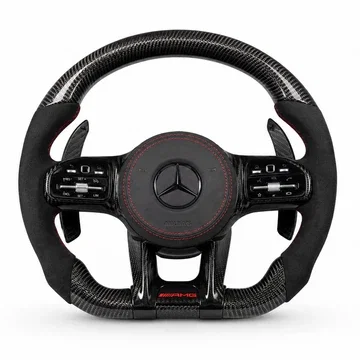 Kierownica Mercedes-AMG z carbonem, Alcantarą, czerwonymi przeszyciami i łopatkami