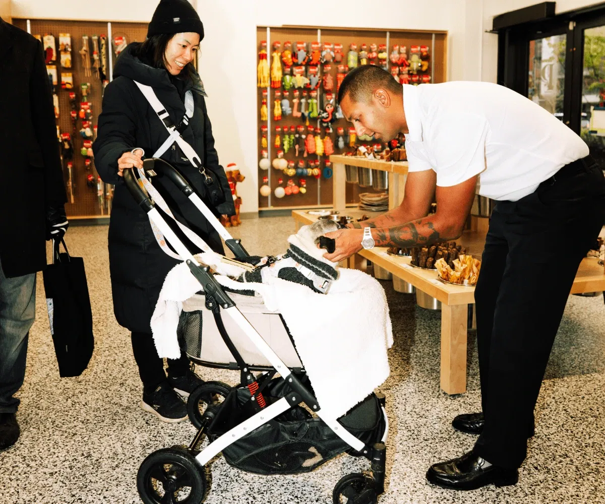 Man bending to pet a dog lying in a stroller while a woman smiles nearby in a store