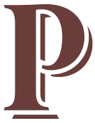 A large, stylized decorative letter P in dark red color