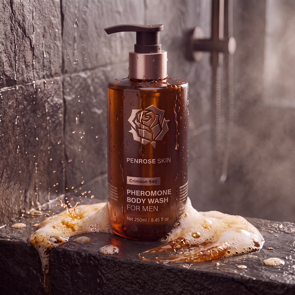 Penrose Skin Crimson 540 Pheromone Body Wash bottle on a wet stone shower ledge with lather