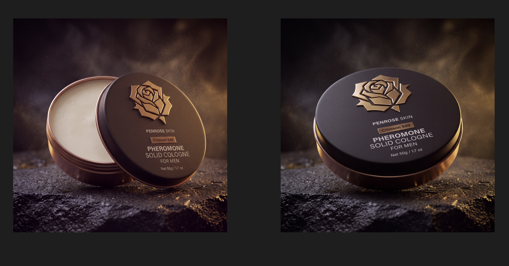 Penrose Pheromone Solid Cologne tin, closed, on dark stone