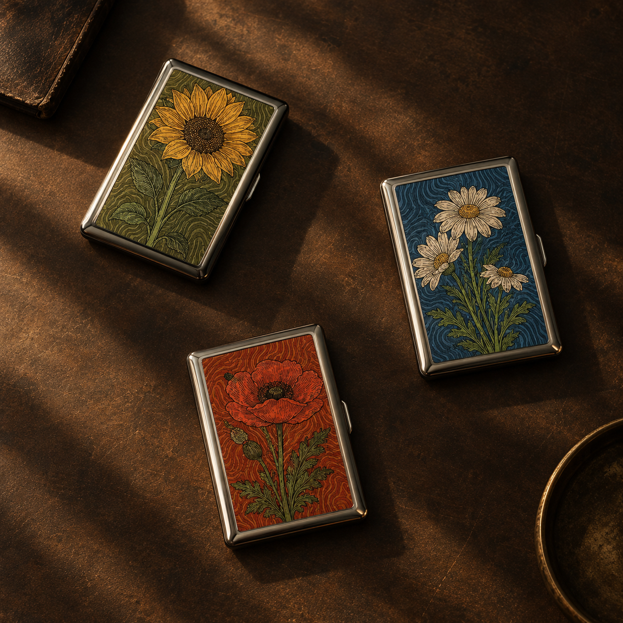 Three PocketVault metal cardholders with sunflower, daisy and poppy illustrations on a warm brown surface