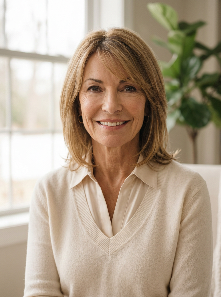 A smiling middle-aged woman with blonde hair wearing a cream sweater, sitting by a window with a plant in background