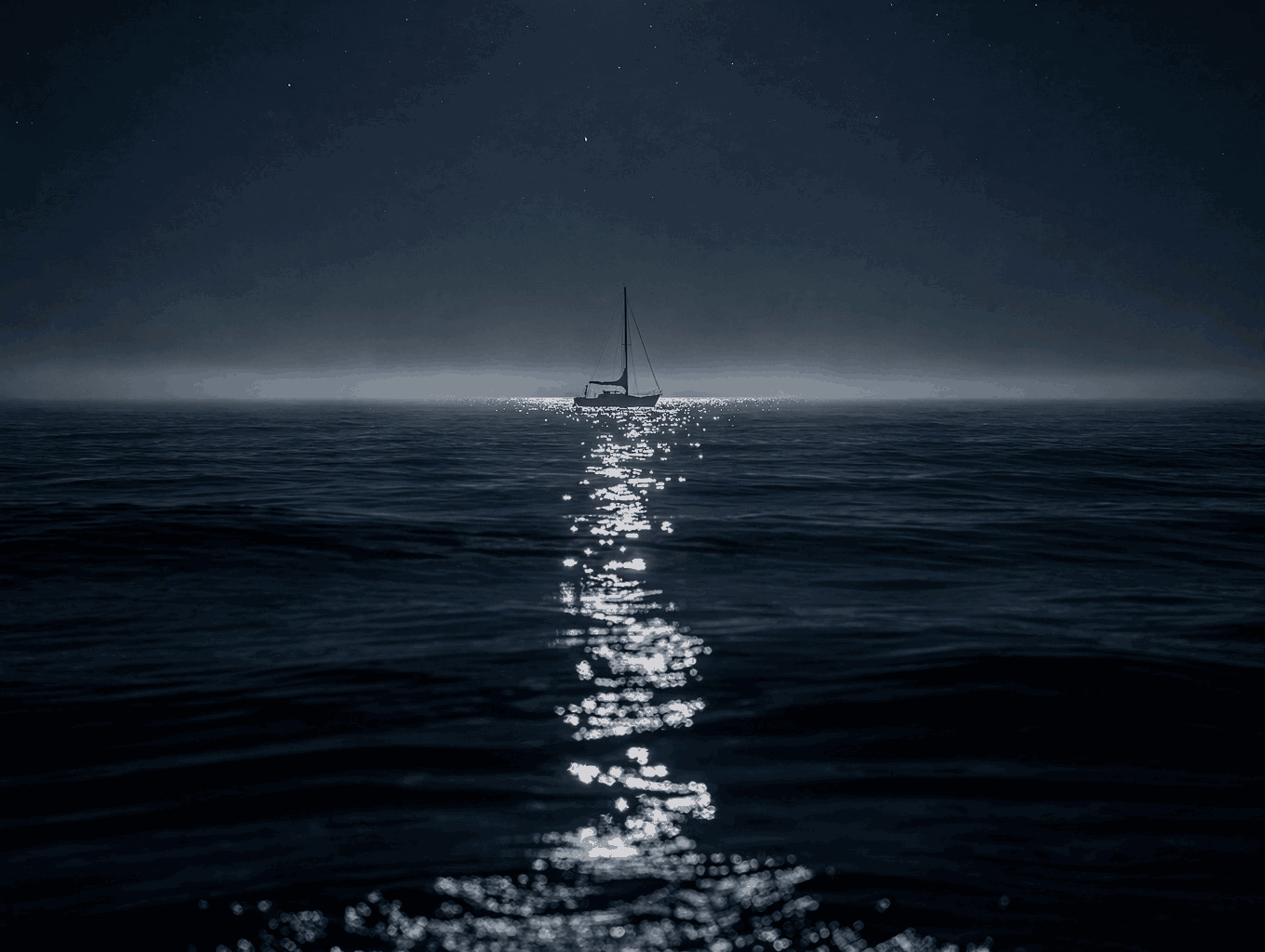 Crescent moon reflecting over calm ocean waters at dusk