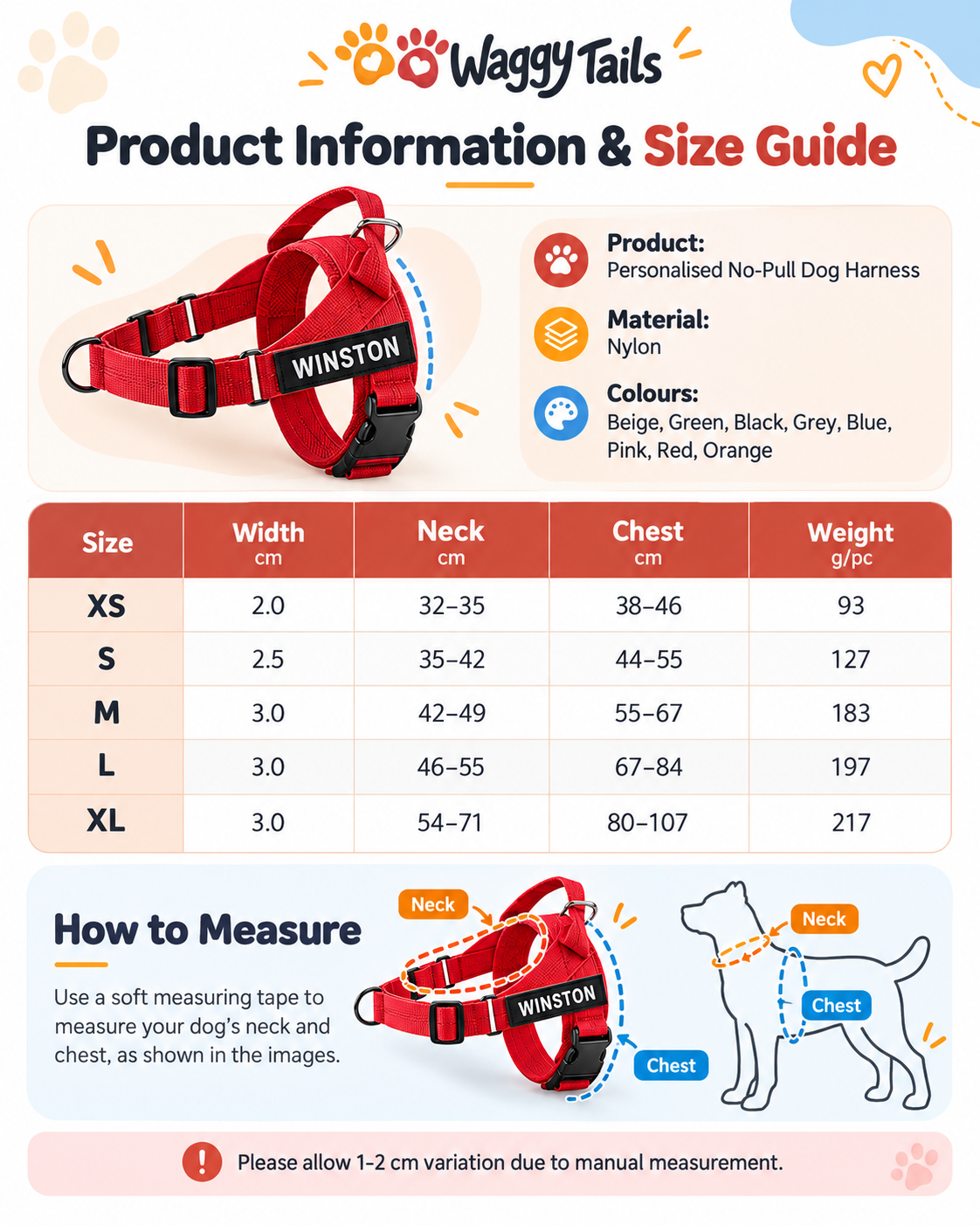 Waggy Tails product information and size guide: nylon harness in 8 colours, size chart XS to XL with strap width, neck and chest measurements, and how to measure your dog's neck and chest