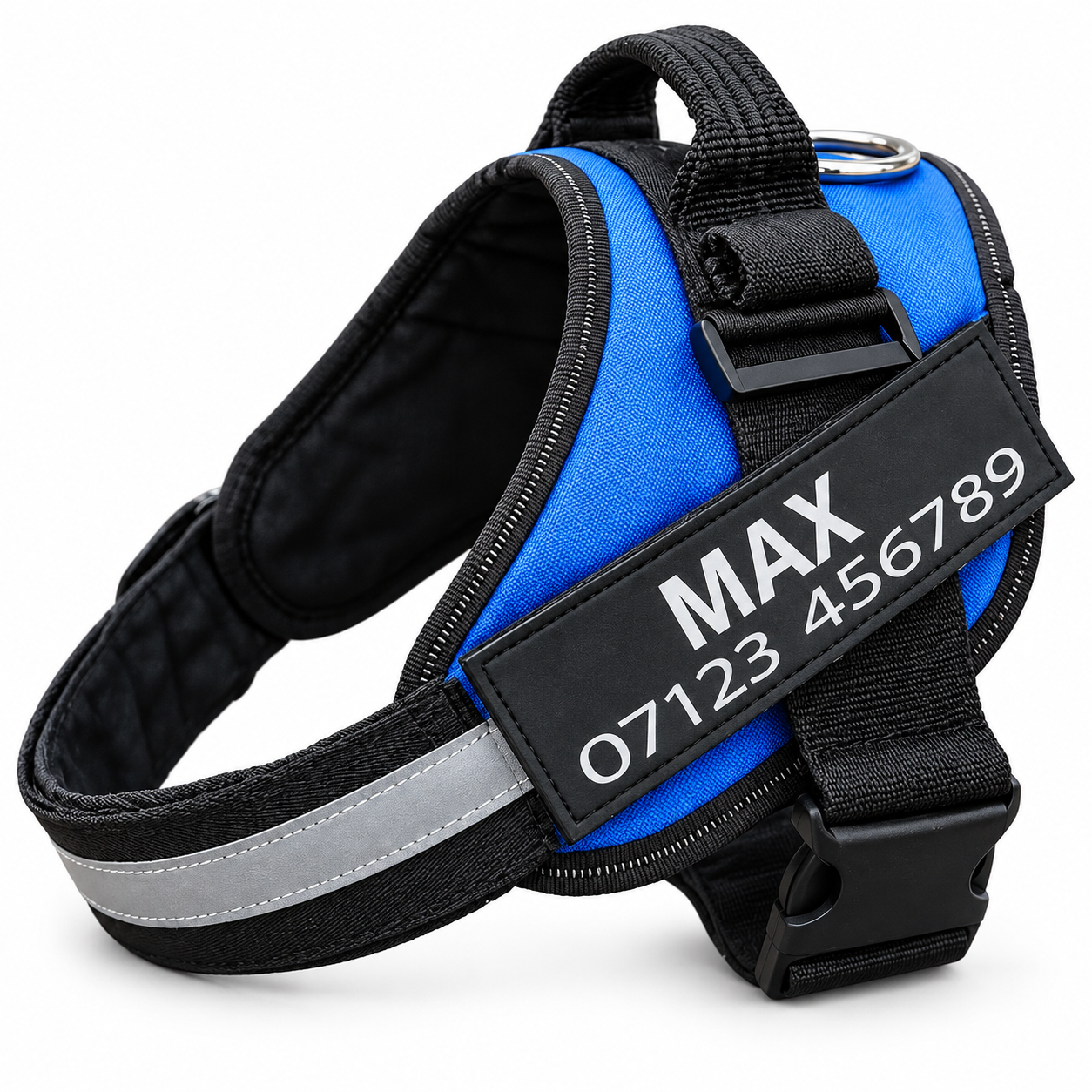 Blue Waggy Tails no-pull harness with the name patch printed MAX and (555) 123-4567, showing the reflective strap, padded chest panel, top control handle and D-ring