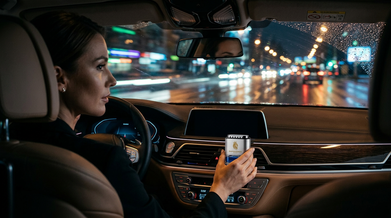 Woman in driver's seat applying hand sanitizer inside a car at night with city lights outside