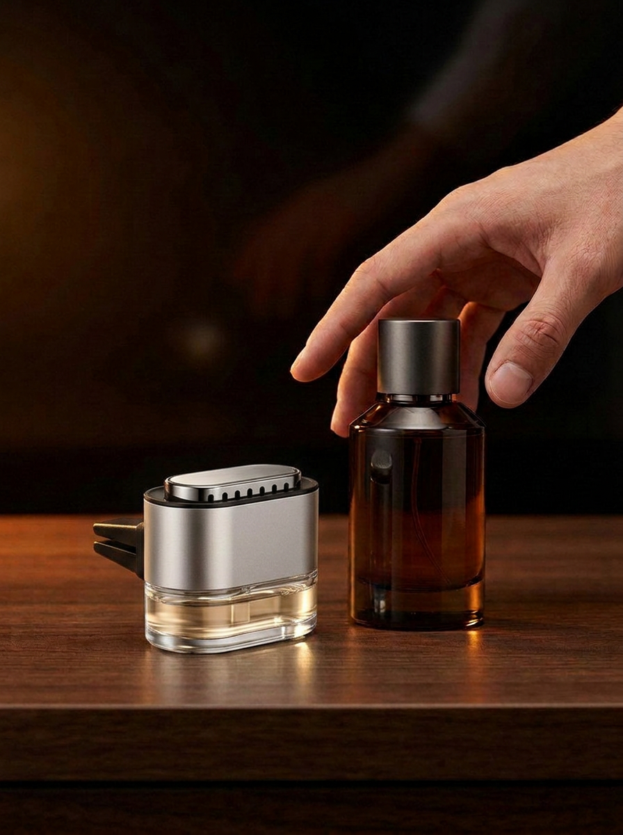 A hand reaches for two different perfume bottles on a wooden surface with a dark background.