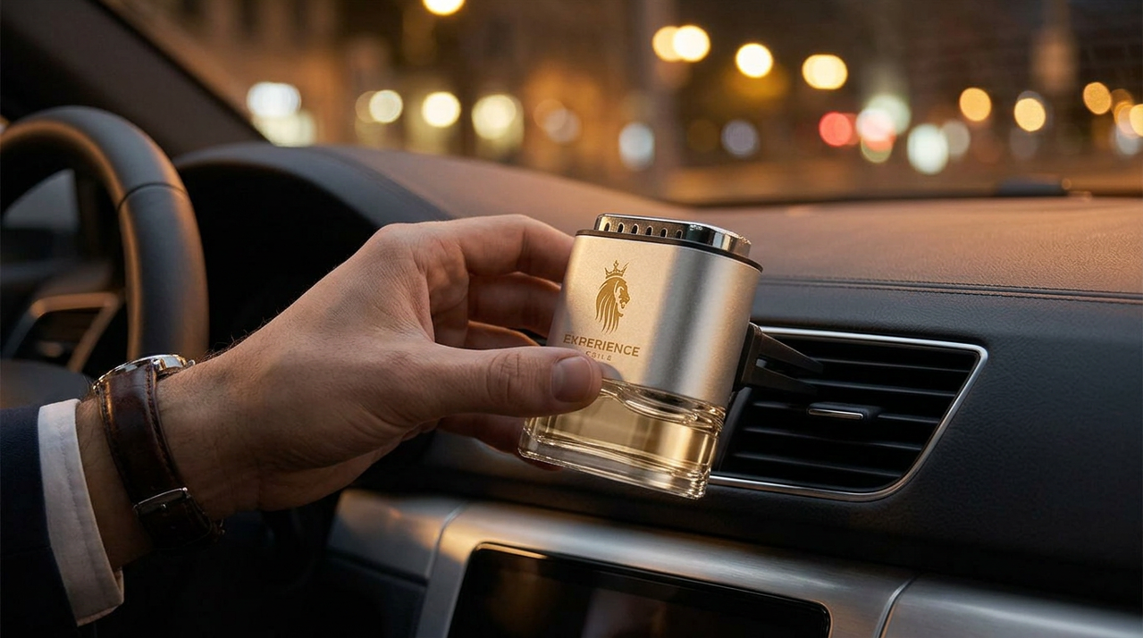 Hand attaching a bottle-style air freshener to a car's dashboard air vent at night