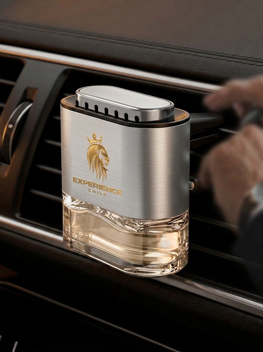 Silver and transparent car air freshener with lion logo attached to car air vent