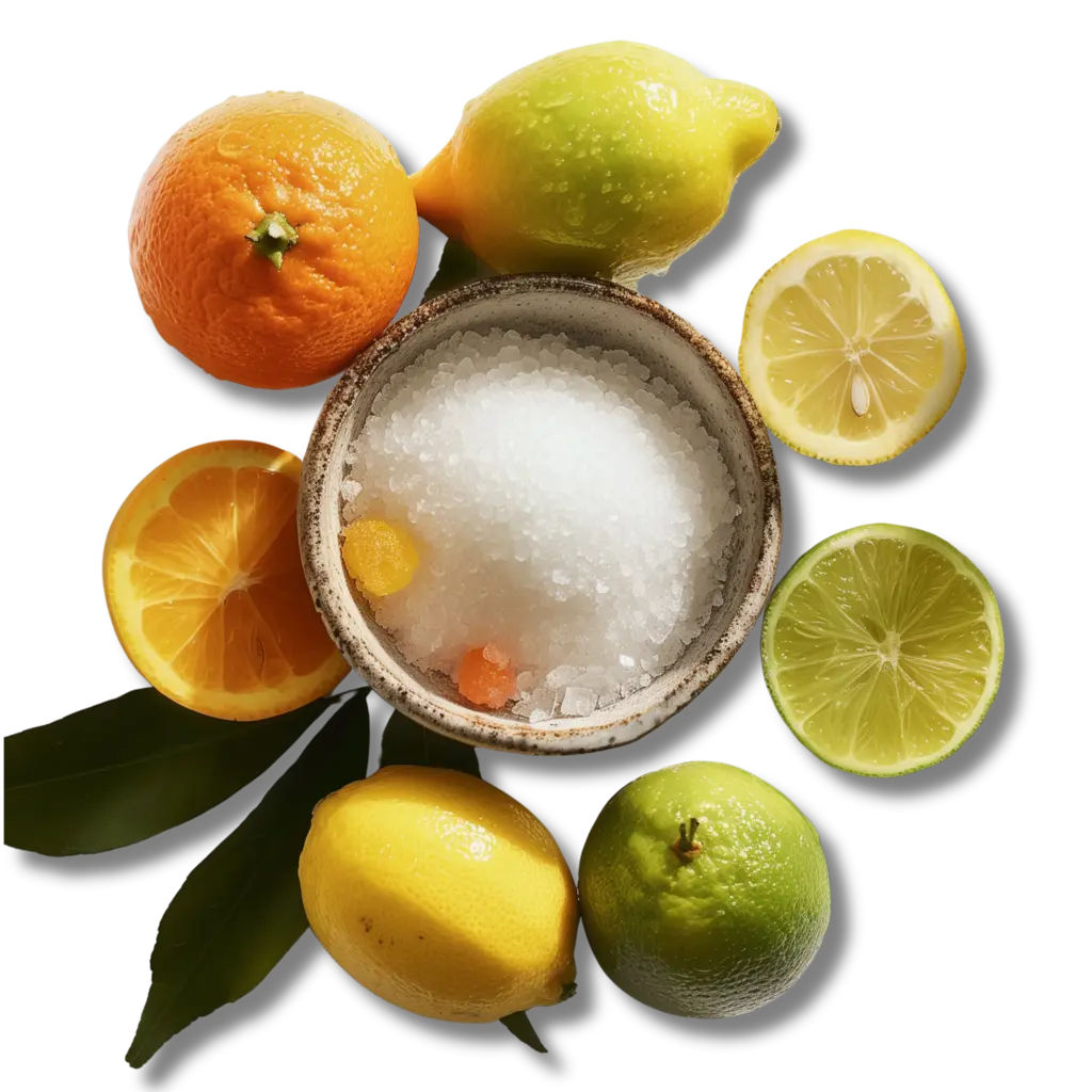 Sodiumcitraat schaaltje met citrus vruchten eromheen