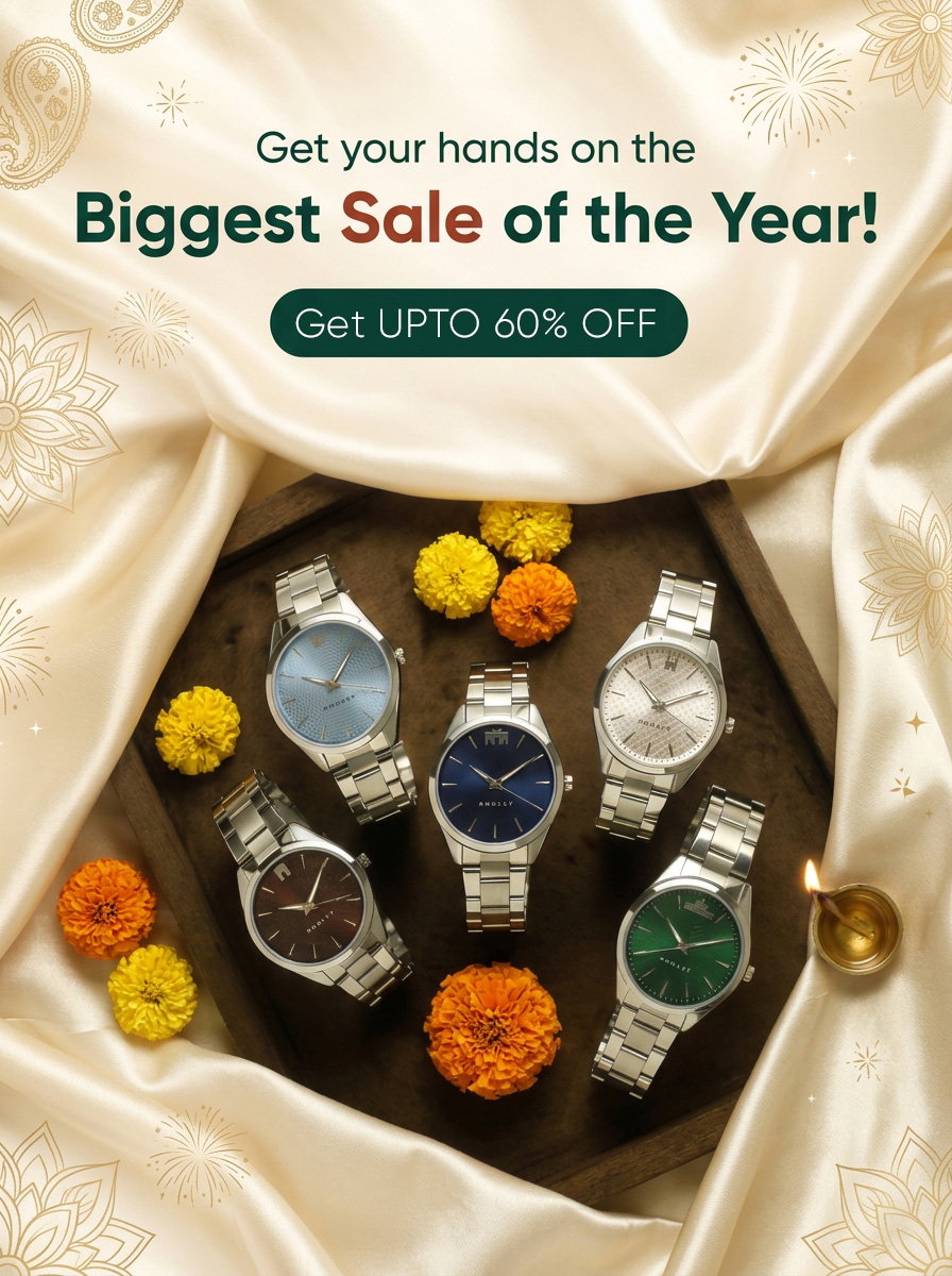Diwali Sale: rose gold watch on black velvet surrounded by glowing diyas and marigold petals