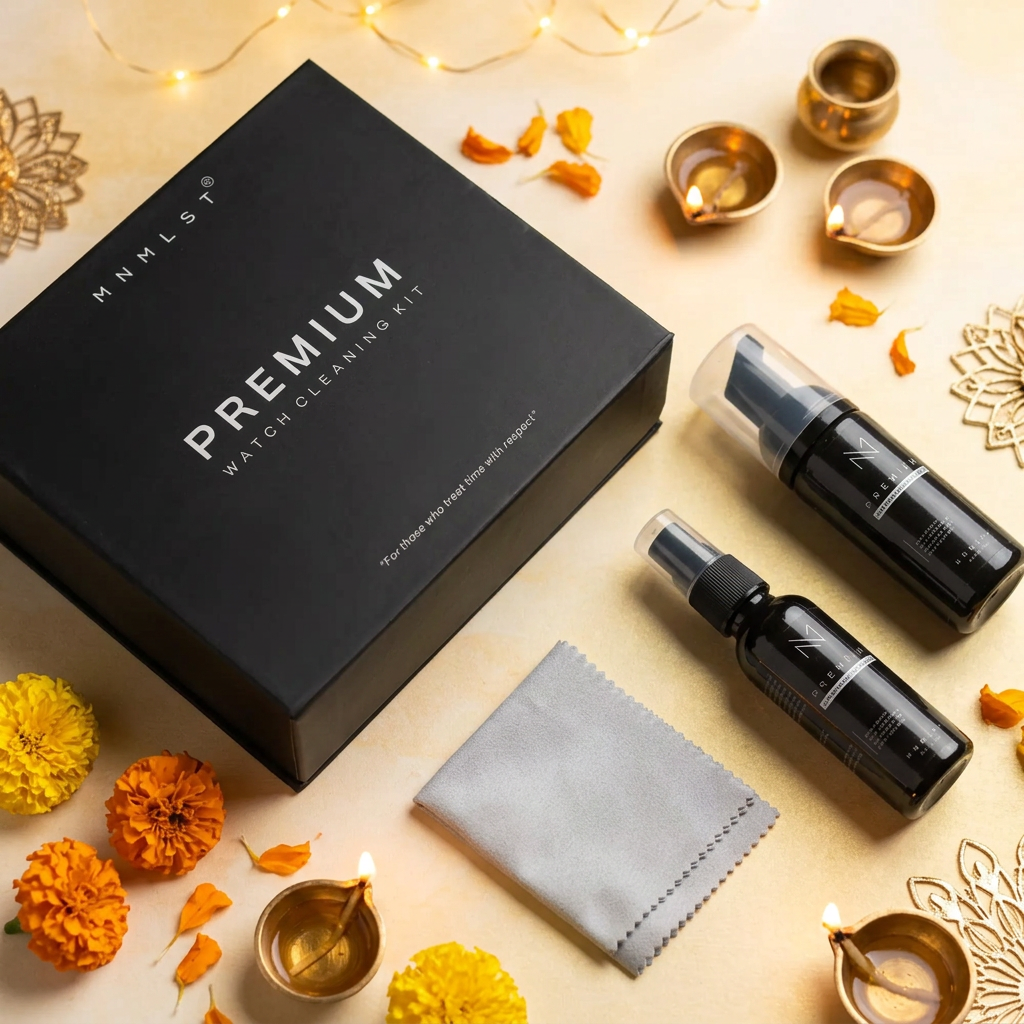 MNMLST Premium Watch Cleaning Kit: gift box with watch cleaning foam, leather cleaning solution and microfiber cloth