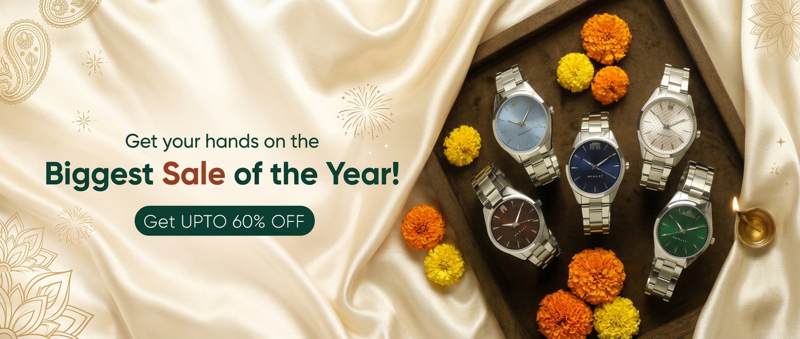 Diwali Sale: rose gold watch on black velvet surrounded by glowing diyas and marigold petals