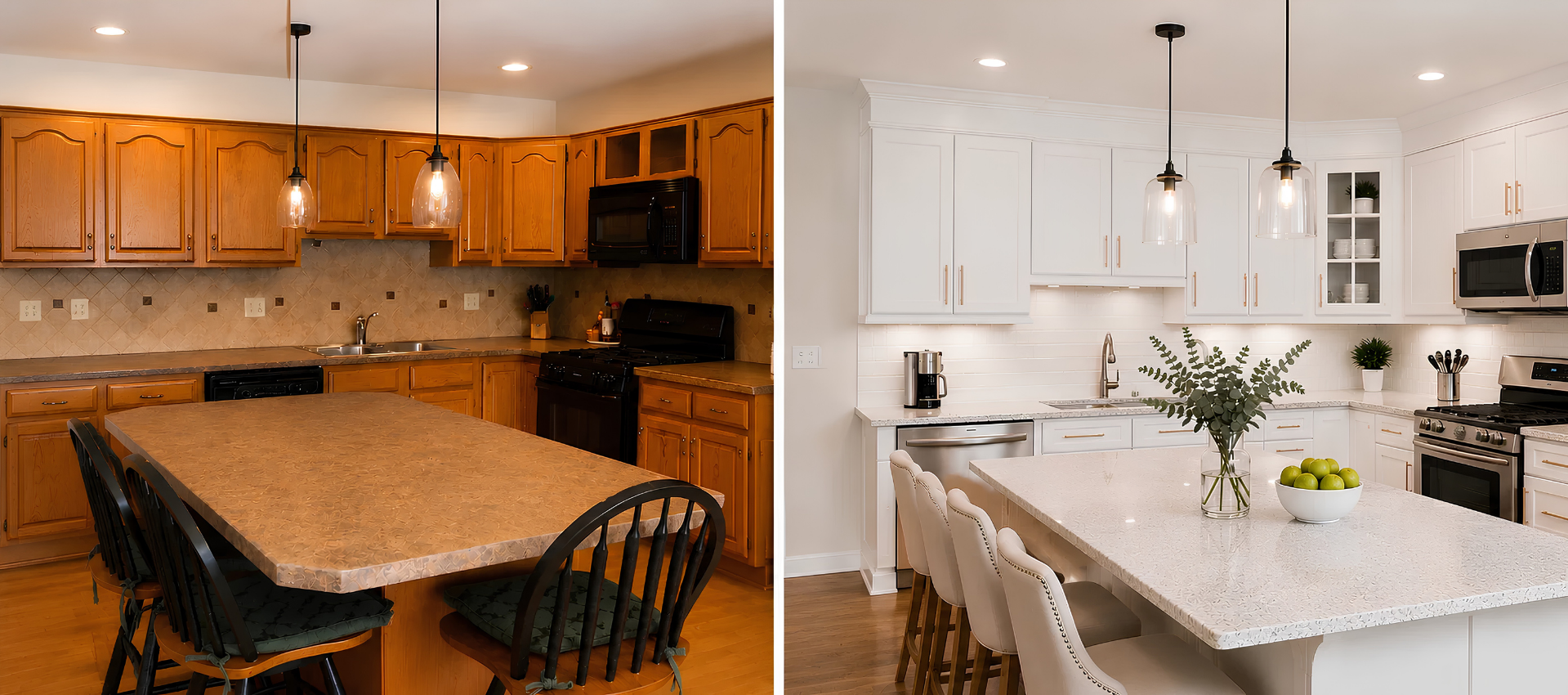 Before: a kitchen wall of honey red oak cabinets with arched raised-panel doors, exposed hinges and brass knobs around a window over the sink