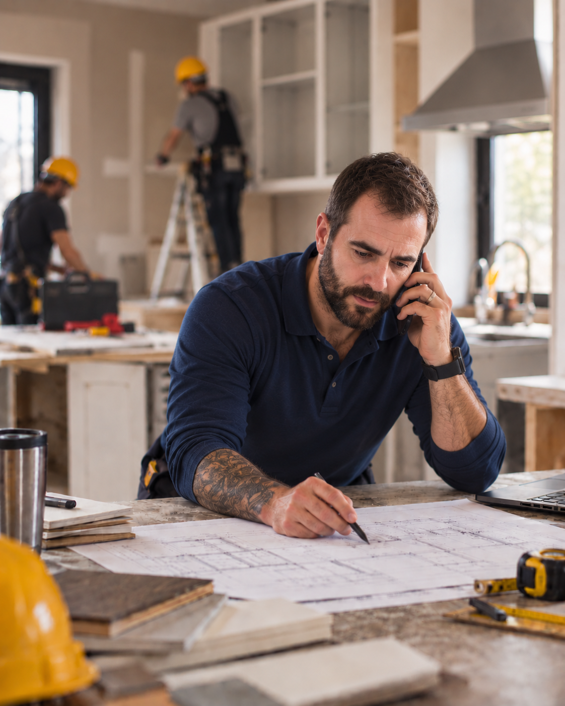 Homeowner and general contractor at a farmhouse table reviewing a printed floor plan and clipboard schedule, with coffee mugs, cabinet door samples and paint swatches