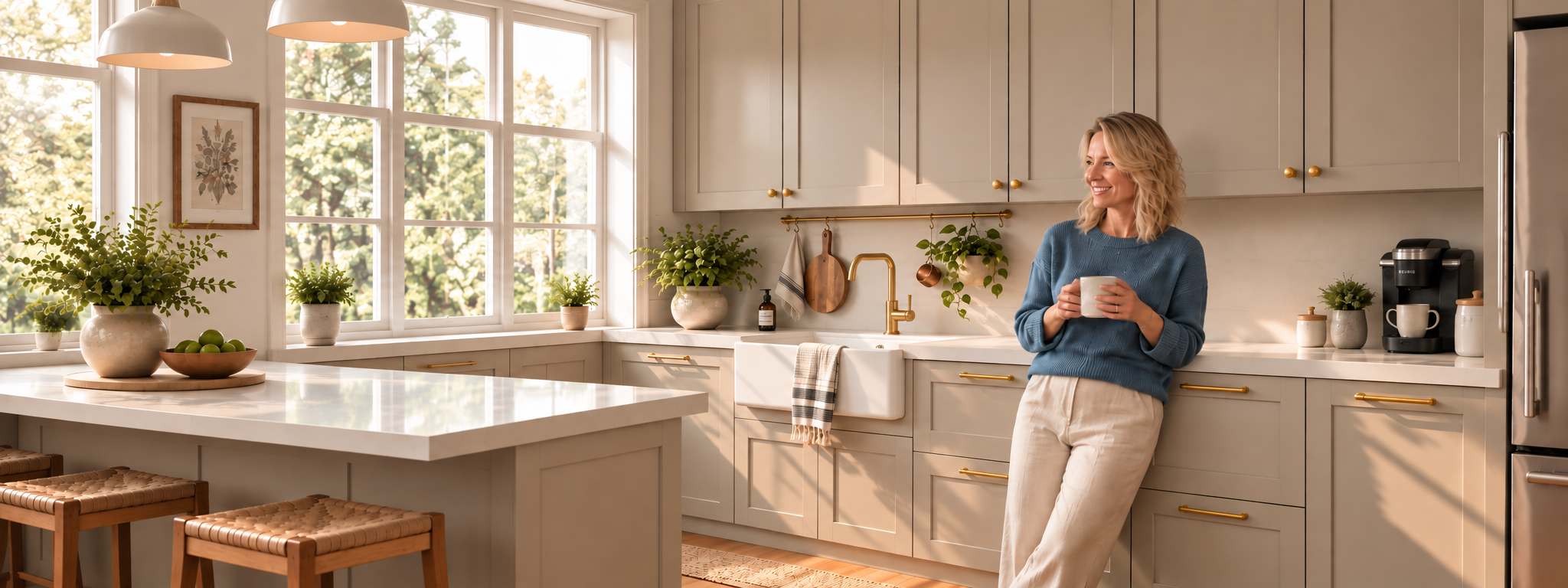 Refaced kitchen with warm white shaker upper cabinets, deep navy lower cabinets and island, brass cup pulls, a white quartz counter and a jug of eucalyptus