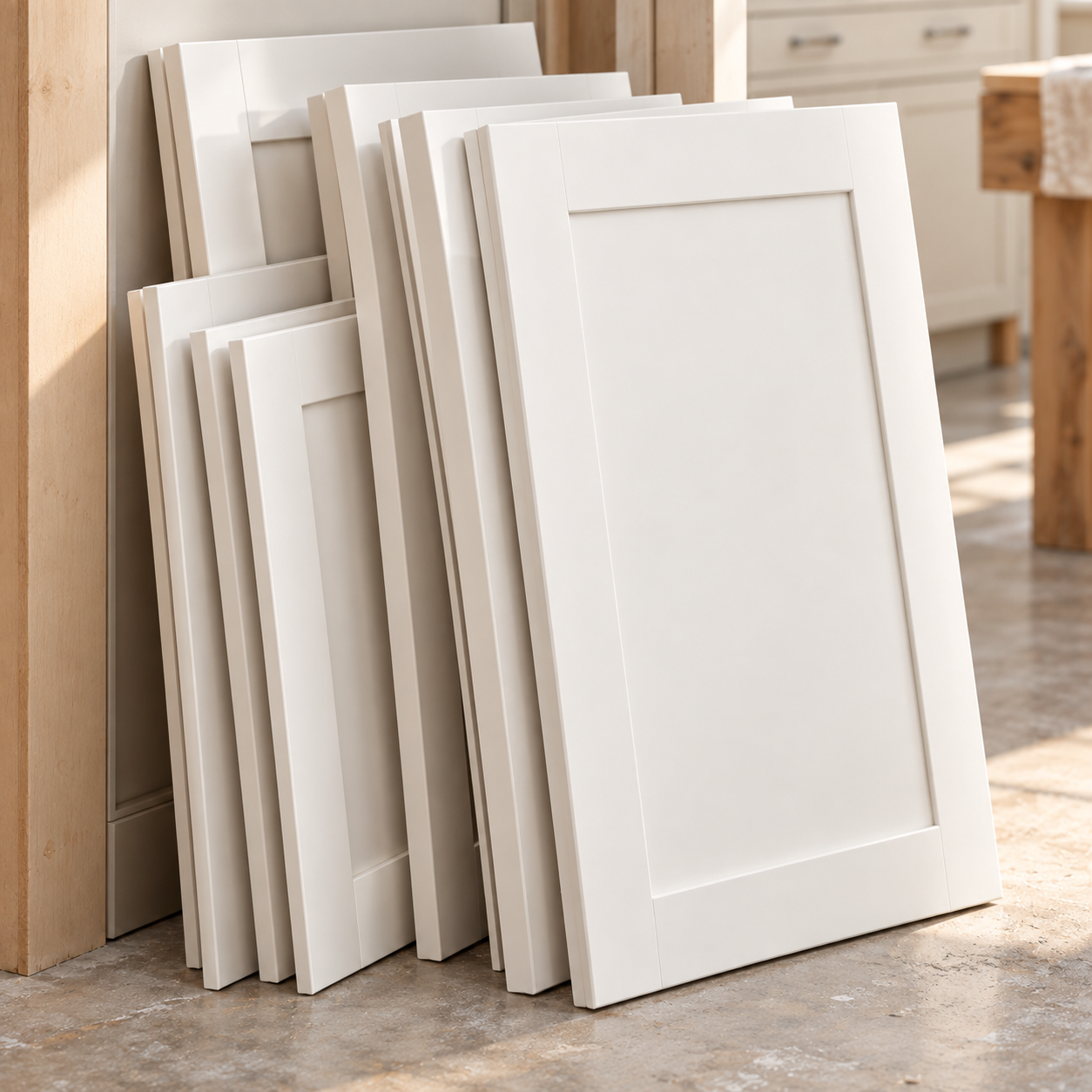 Close-up of a smooth pre-primed shaker cabinet door in pale grey-white primer lying on kraft paper beside a folded cloth and a paint can