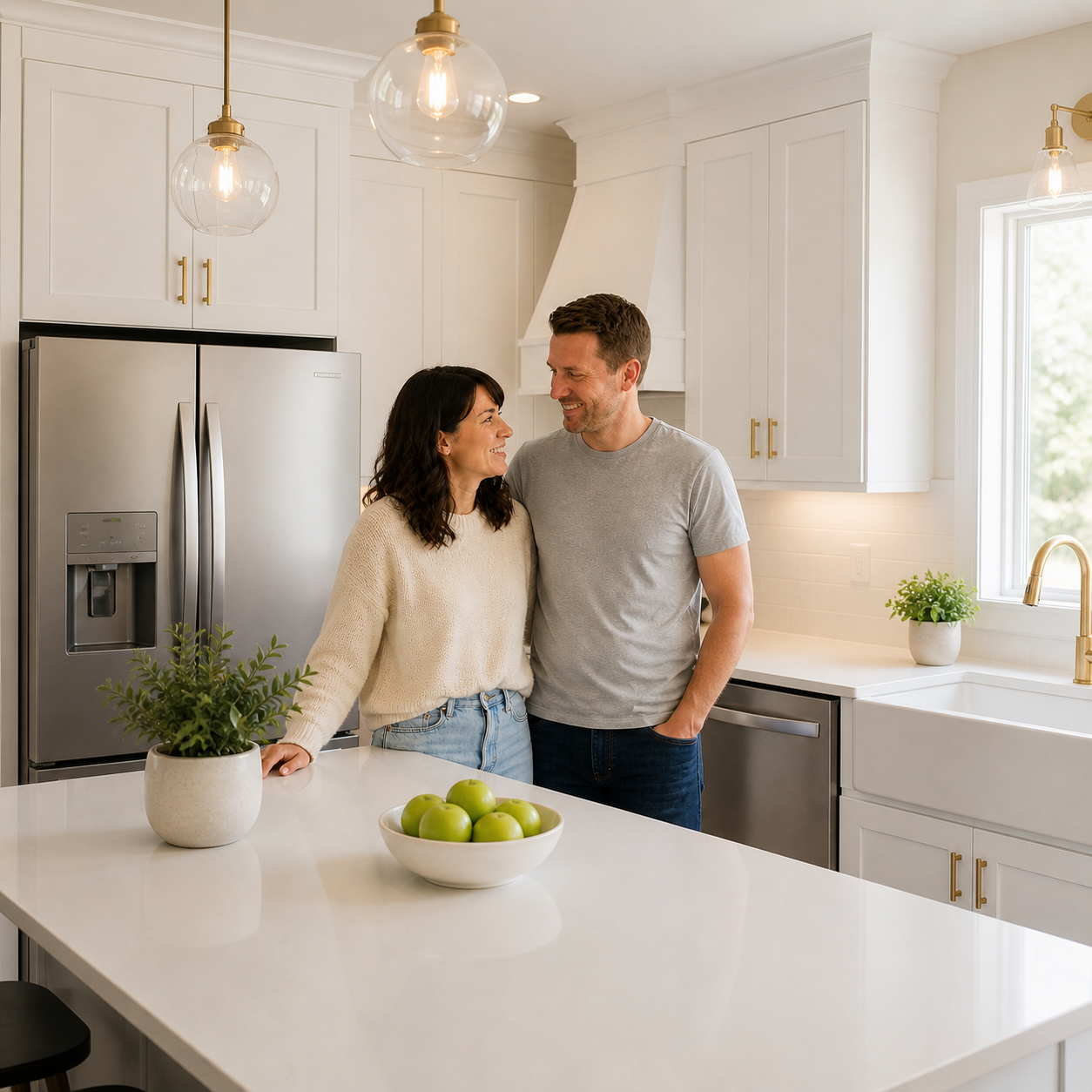 Smiling homeowner handing a mug of coffee to a tradesperson in a leather apron sitting on a stool beside newly installed navy shaker cabinet doors, with a golden retriever resting in the next room
