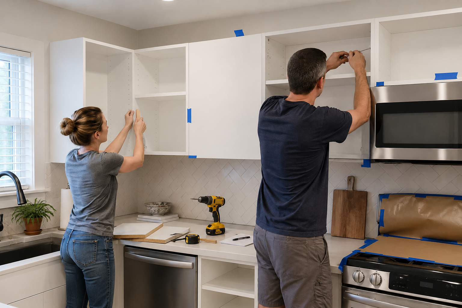 Homeowner in a linen shirt holding a new white shaker cabinet door up to an open oak cabinet in a sunlit kitchen, a cordless drill on the counter