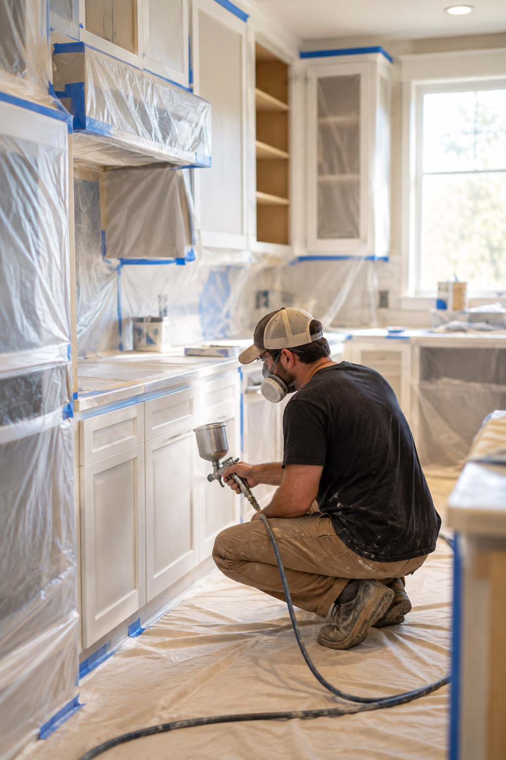 Cabinet painter in white coveralls and a respirator sanding a primed cabinet door on padded sawhorses inside a plastic-sheeted finishing room, with doors on a drying rack behind